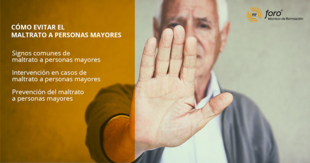 Hombre con la mano extendida, que significa parar en referencia al maltrato de personas mayores